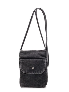 Black washed denim crossbody mini bag with silver snap button and adjustable strap