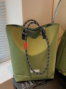 Large Capacity Grid Canvas Tote Bag With Braided Rope Handles Korean Style Minimalist Shoulder Bag For Women Daily Versatile