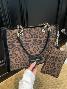 Vintage Leopard Print Underarm Tote Bag And Pouch For Women Large Capacity Shoulder Bag With Faux Fur Trim Chain Strap