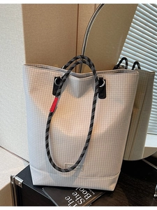 Grey checkered tote bag with rope handles and large capacity for daily commuting