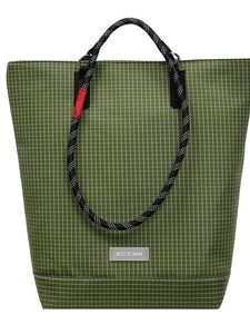 Olive green grid canvas tote bag with contrast rope handles and large capacity
