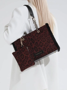 Vintage leopard print tote bag with plush trim and gold chain strap in dark red