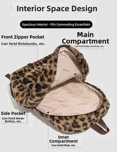 Internal view of plush leopard backpack showing large capacity and iPad compartment