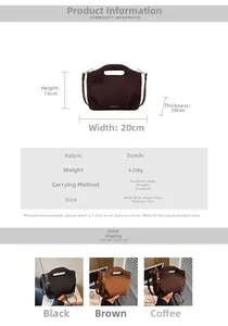 Detail view of suede bucket bag specifications with dimensions and multiple color options