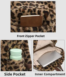Detail view of leopard plush backpack features front pocket, side pouch and inner compartment