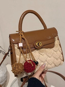 Women Retro Plush Splicing Handbag Sweet Heart Embossed PU Leather Shoulder Bag With Fur Ball Pendant Winter Kelly Crossbody Bag