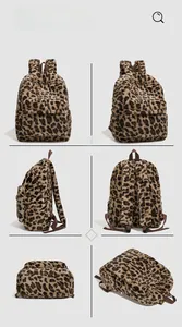 Detailed multi-angle views showing leopard print plush backpack textures and storage
