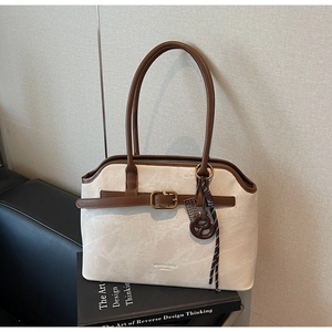 Vintage-Einkaufstasche in Creme und Braun mit Tragegriff und goldenen Details