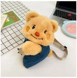 Close-up of cute plush bear backpack with blue denim overalls and soft yellow fur detail