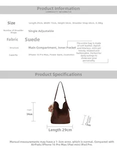 Guide des tailles détaillé pour cabas en daim marron avec dimensions précises