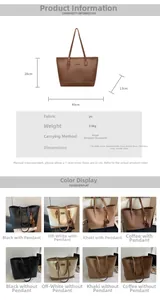 Detailed chart showing PU leather tote bag dimensions and various color options available