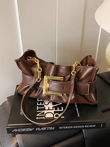 Women Luxury PU Leather Underarm Bag Vintage Ruched Shoulder Bag Large Gold Square Buckle Chain Strap Commuting Handbag