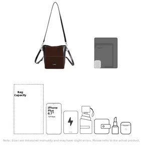 Vue détaillée de la capacité du sac seau marron avec téléphone et parapluie