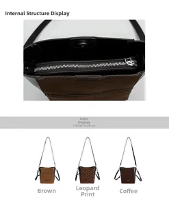 Vue détaillée de l'aménagement intérieur du sac seau et des trois variantes de couleurs