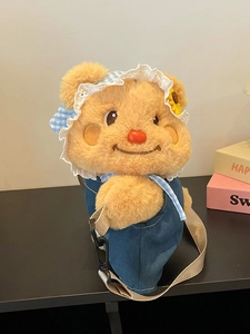 Kawaii Plush Bear Backpack For Kids Women Cartoon Animal Furry Shoulder Bag With Denim Overalls Sunflower Hat Decoration