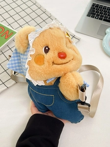 Cute yellow plush bear backpack with denim overalls and blue checkered lace headscarf