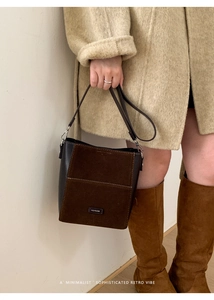 Chic brown suede patchwork bucket bag with NO FILTER label styled for fall fashion