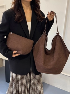 Brown faux suede tote bag with matching pouch for women, ideal for autumn and winter commute
