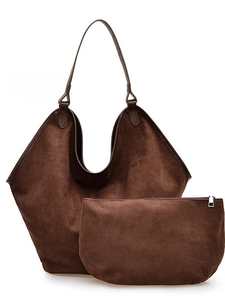 Minimalist large brown faux suede tote bag set with matching inner pouch on white background