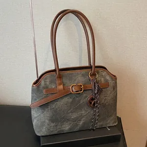 Damen Vintage PU Leder Große Tote Bag Retro Umhängetasche Mit Stitching Detail Mode Große Kapazität Pendler Handtasche