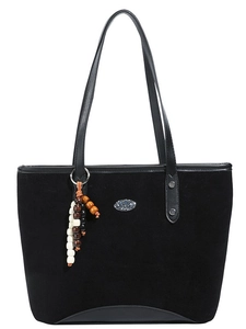 Grand sac cabas en daim noir avec double bandoulière et pendentif décoratif en perles