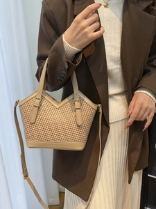 Chic woven patchwork tote bag in apricot and light brown with elegant V-neck opening