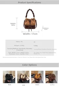 Size chart showing dimensions 17x16x10cm for the stylish PU leather bucket handbag
