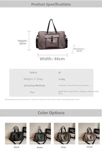 Detailed size specifications and color options for large capacity travel duffel bag