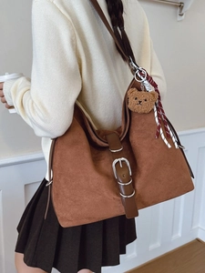 Retro brown suede tote bag for women with large capacity and vintage buckle detail