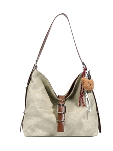 Retro grey-green large canvas tote bag with brown leather straps and cute bear charm