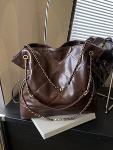 Large Capacity Quilted Tote Bag Women Synthetic Leather Chain Shoulder Bag Lingge Pattern Drawstring Handbag Casual Daily