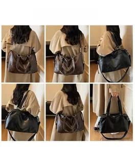 Detailed model views of large capacity tote bag in black and brown faux leather