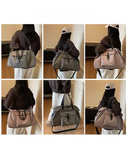 Collage of high-capacity nylon travel bags in various colors shown on models in indoor settings