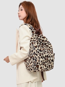 Fuzzy leopard print plush backpack for women featuring soft faux fur and large capacity
