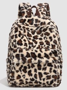 Faux fur leopard print backpack with soft plush material and zip pocket for women