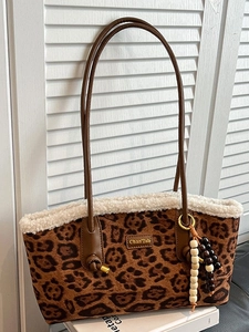 Sac Fourre-tout Vintage en Daim Grande Capacité Avec Bordure en Laine d'Agneau Artificielle Imprimé Léopard Sac à Épaule Femme