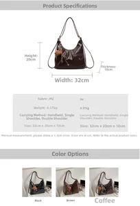 Detailed size chart and multi-pocket specifications for the large PU leather crossbody bag
