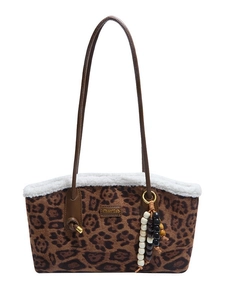 Grand sac cabas à imprimé léopard avec bordure mouton et anses en cuir marron