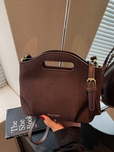 Women's Vintage Faux Suede Bucket Bag Solid Color Hollow Handle Crossbody Shoulder Bag For Commute Office Daily Bag