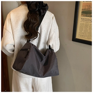 Detailed view of checkered crossbody bag worn by a model to show size and style
