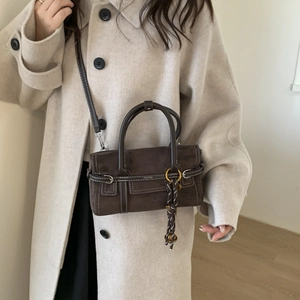 Vintage dark brown matte crossbody bag for women with stitching detail and top handle
