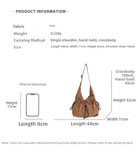 Size chart showing dimensions for a brown drawstring tote bag and a phone for scale