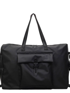 Large black travel bag in water-resistant nylon with front buckle pocket and dual handles