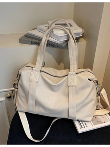 Large capacity off-white PU leather travel tote bag with adjustable shoulder strap
