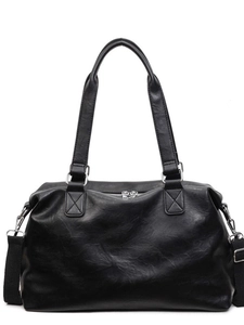 Black PU leather tote bag for travel with large capacity and adjustable shoulder strap