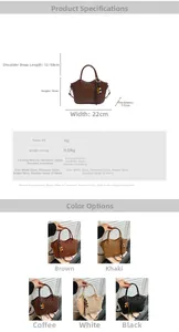 Size guide for woven quilted bucket bag showing dimensions and five color options