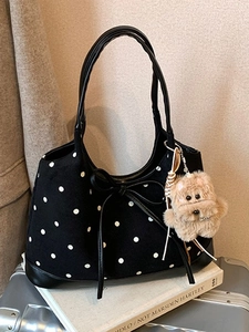 Borsa Tote a Pois Retrò Coreana Per Donna Grande Capacità in Pelle PU Borsa a Tracolla Con Pendaglio in Peluche Fiocco Borsa da Lavoro