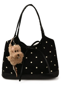 Borsa tote retrò a pois neri con grande fiocco e ciondolo a forma di cane in peluche