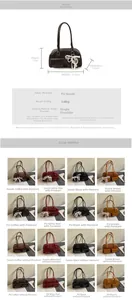 Detailed chart showing handbag dimensions and a grid of multi-color material options