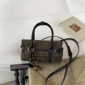 Women Retro Suede Finish Handbag Simple Contrast Stitching Crossbody Bag Small Square Bag Top Handle Adjustable Strap